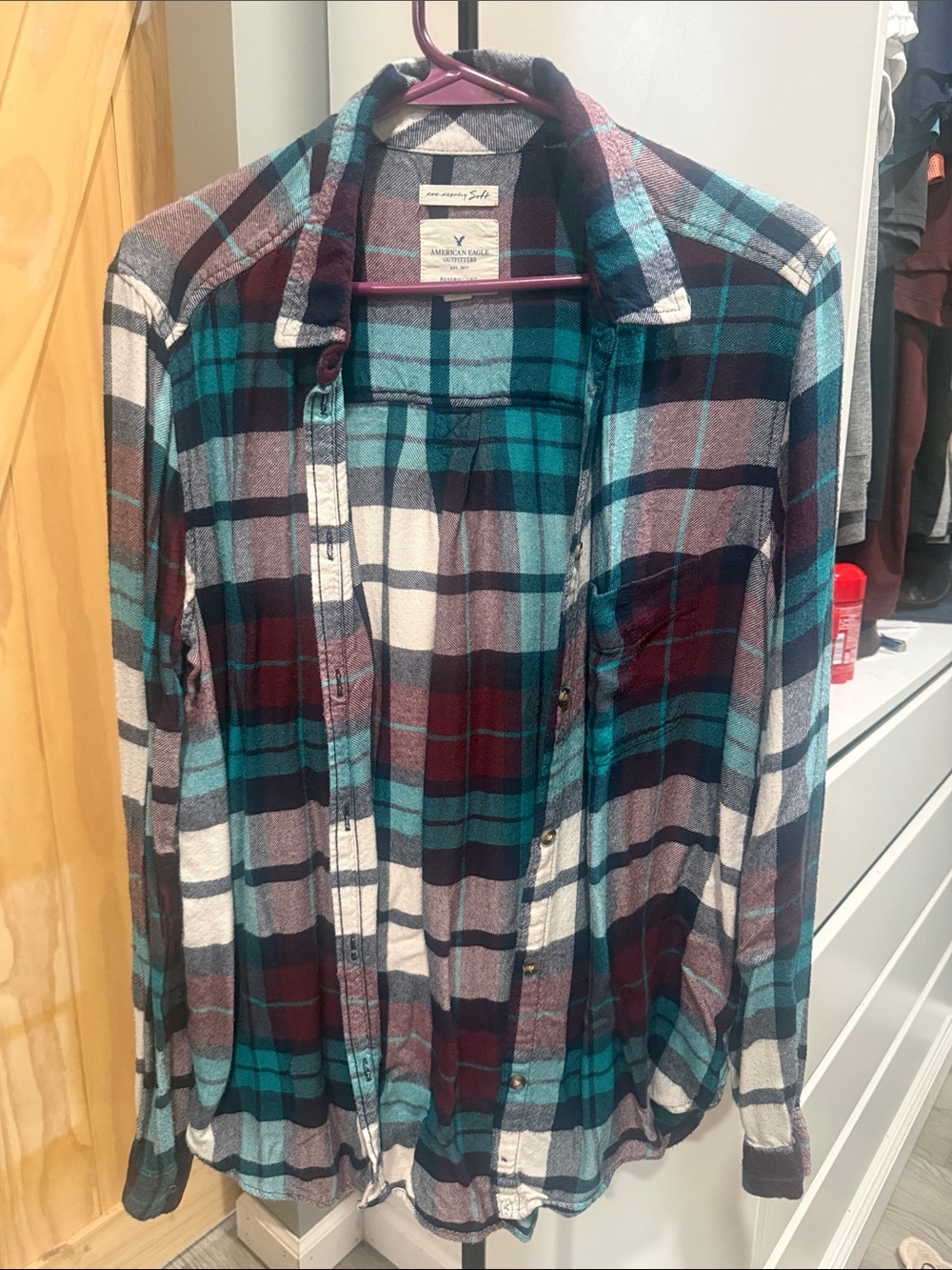 American Eagle Women’s Plaid Flannel Shirt - Teal & Burgundy